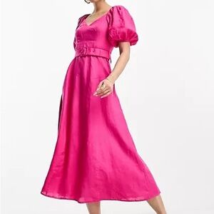 & Other Stories Linen Pink Puff Sleeve Midi Dress